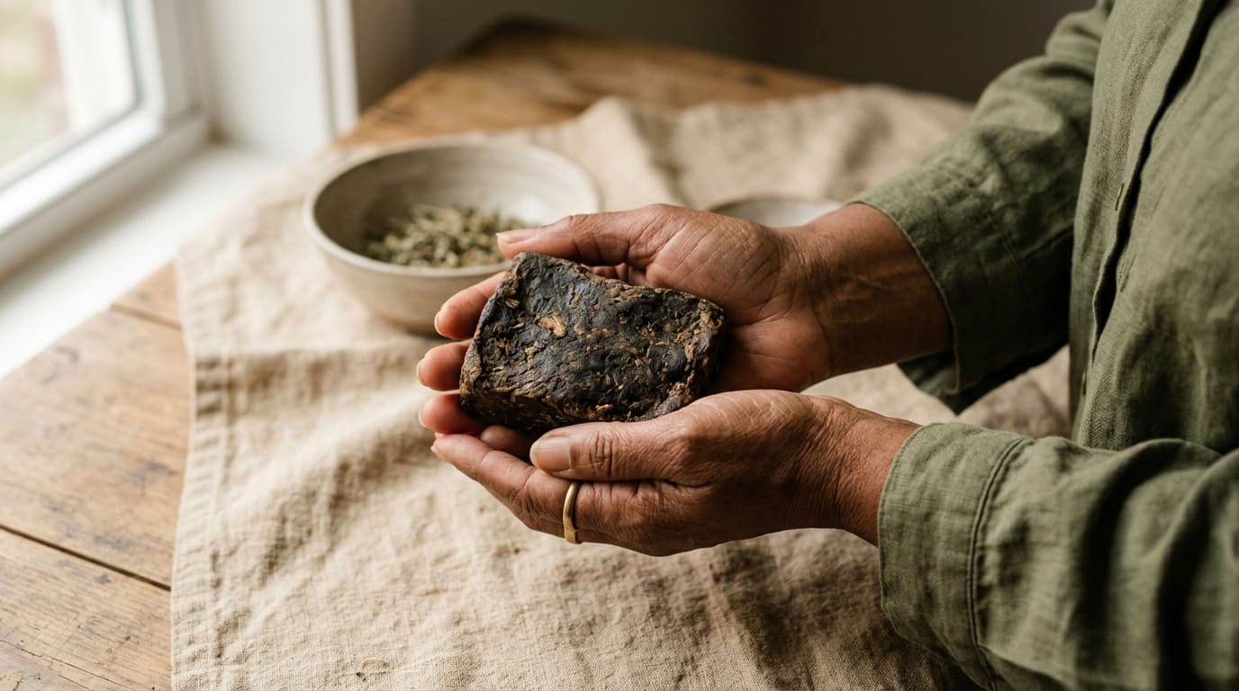 Close-up of hands holding a natural, authentic bar of African black soap, emphasizing its earthy texture