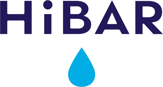 HiBAR logo — the brand name in navy capitals above a blue water droplet