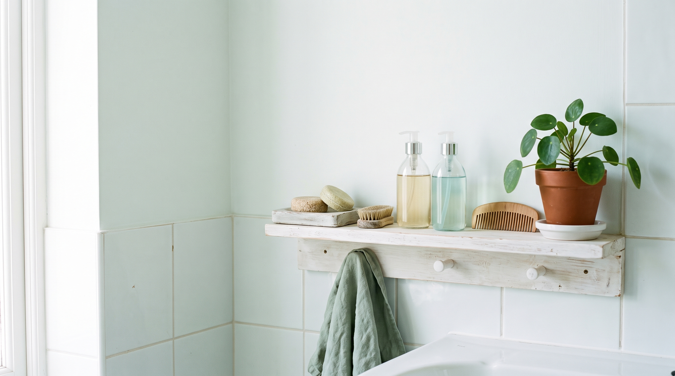 A whitewashed bathroom shelf with solid shampoo bars, clear pump bottles, a wooden comb and a green plant