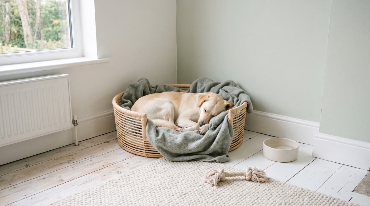 A cream dog asleep in a rattan basket bed with a sage blanket, beside a white ceramic bowl and a rope toy