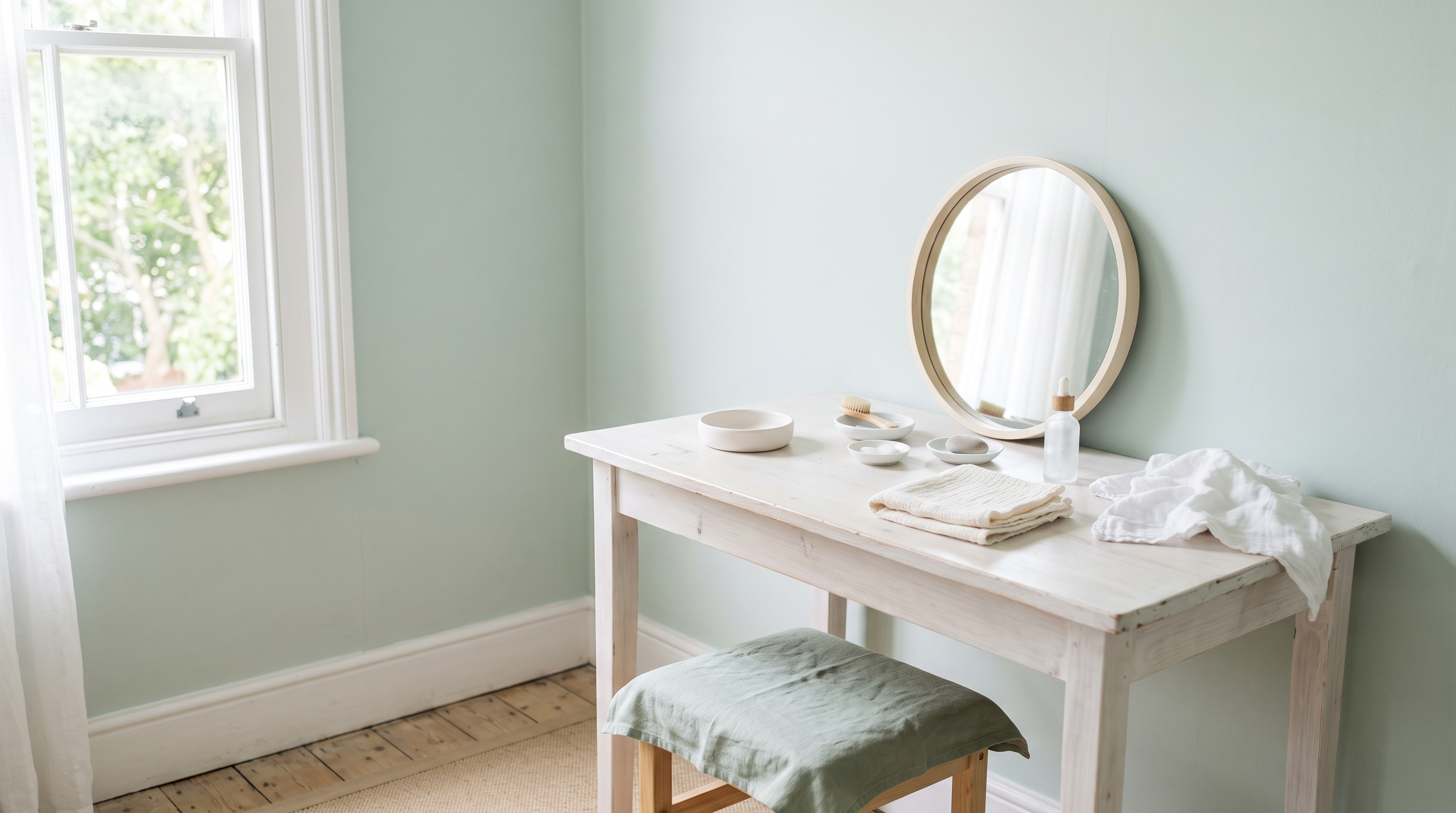 A pale sage bedroom vanity with white ceramic dishes, a glass dropper bottle and a round mirror by a bright window