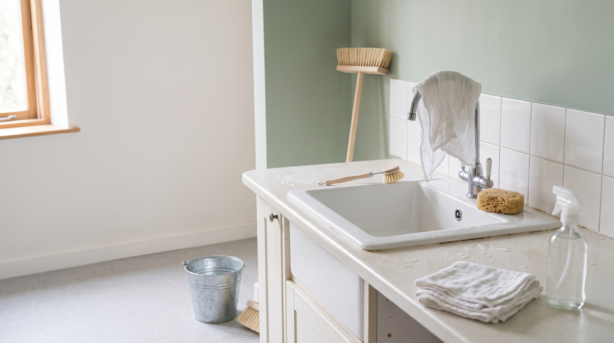 A bright kitchen sink mid-clean with a wooden dish brush, natural sponge, glass spray bottle and a galvanised bucket on the floor