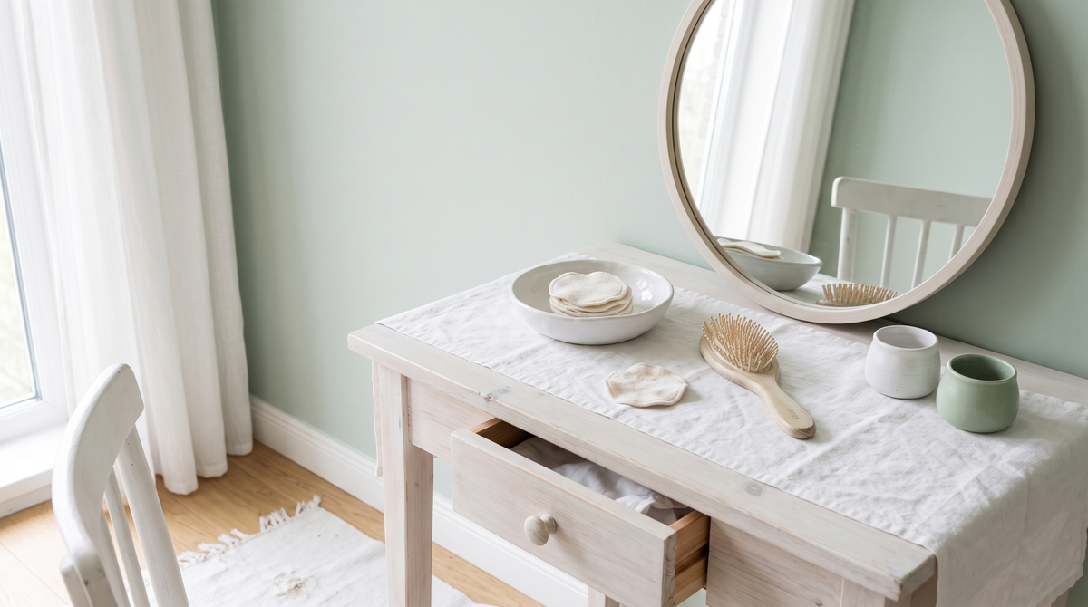 A whitewashed dressing table with a bowl of reusable cotton rounds, a wooden hairbrush and a round mirror