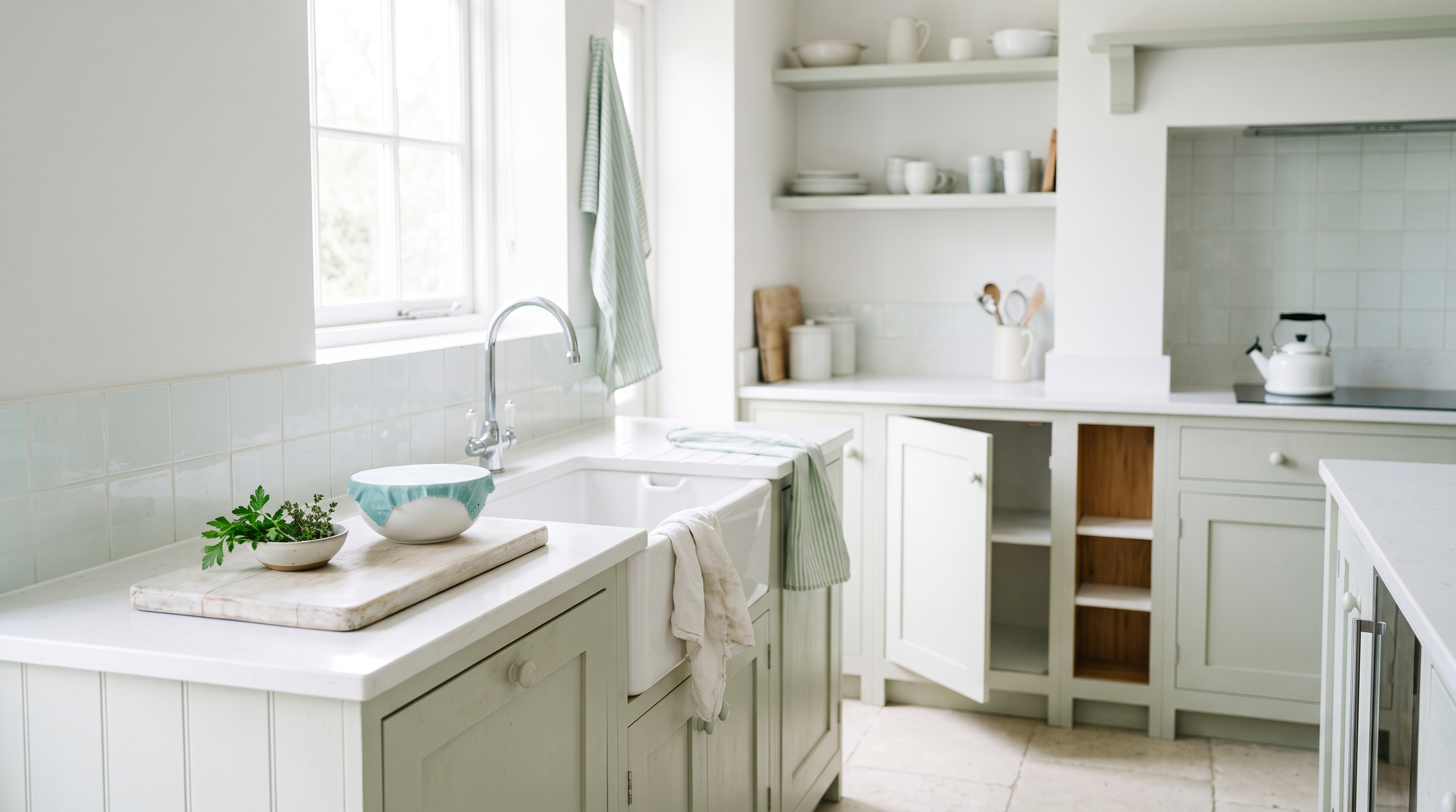 A bright sage-green kitchen with a white butler sink, a bowl covered with a beeswax wrap and fresh herbs on the worktop