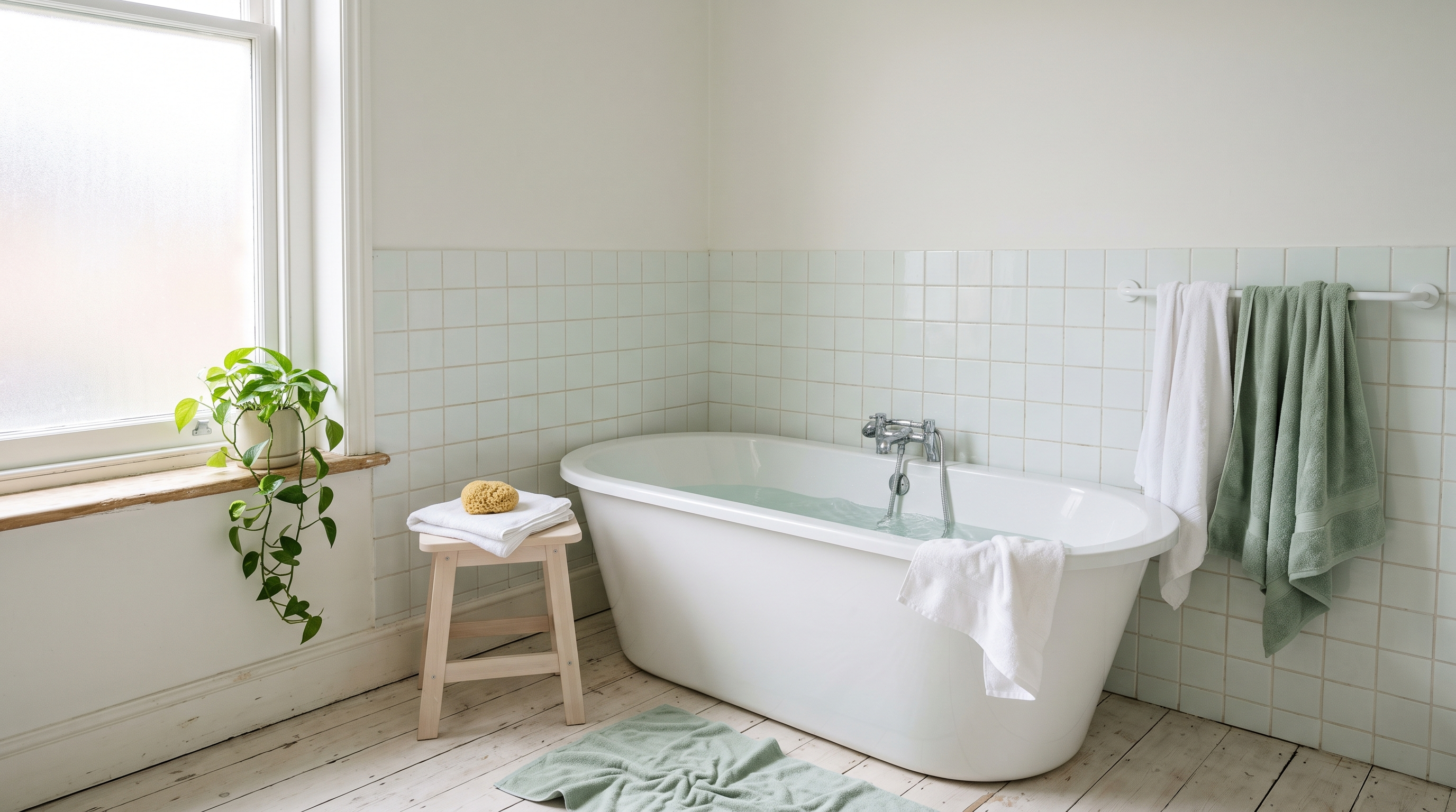 A bright bathroom with a freestanding white bath, pale mint tiles, sage towels and a trailing plant on the windowsill