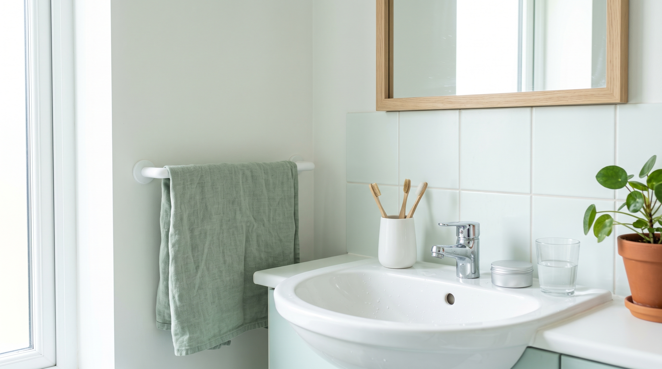A bright bathroom basin with bamboo toothbrushes in a white cup, a small tin and a glass of water on pale mint tiles