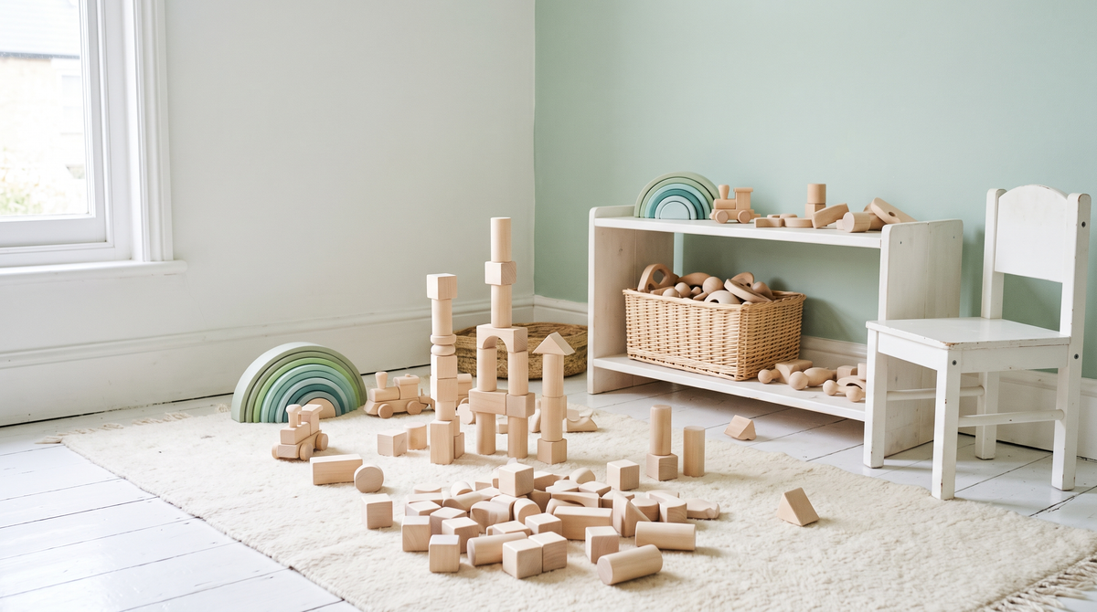 A bright sage playroom with pale wooden blocks mid-build on a cream rug, a rainbow stacker and a basket of wooden toys