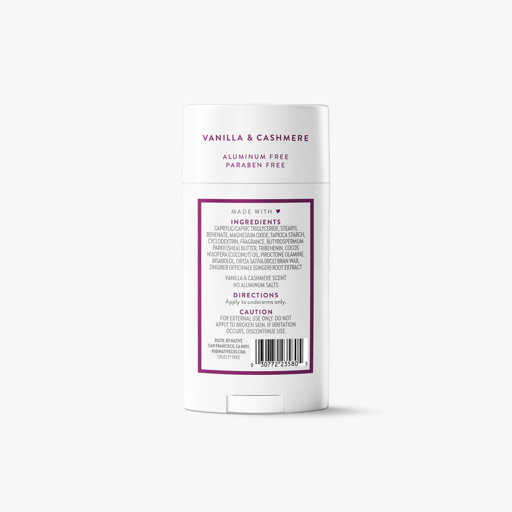Back label of Native Vanilla & Cashmere deodorant showing ingredients, directions, caution text, and barcode.