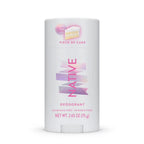 Front view of Native Piece of Cake deodorant stick with iridescent ribbon graphics on a white background.