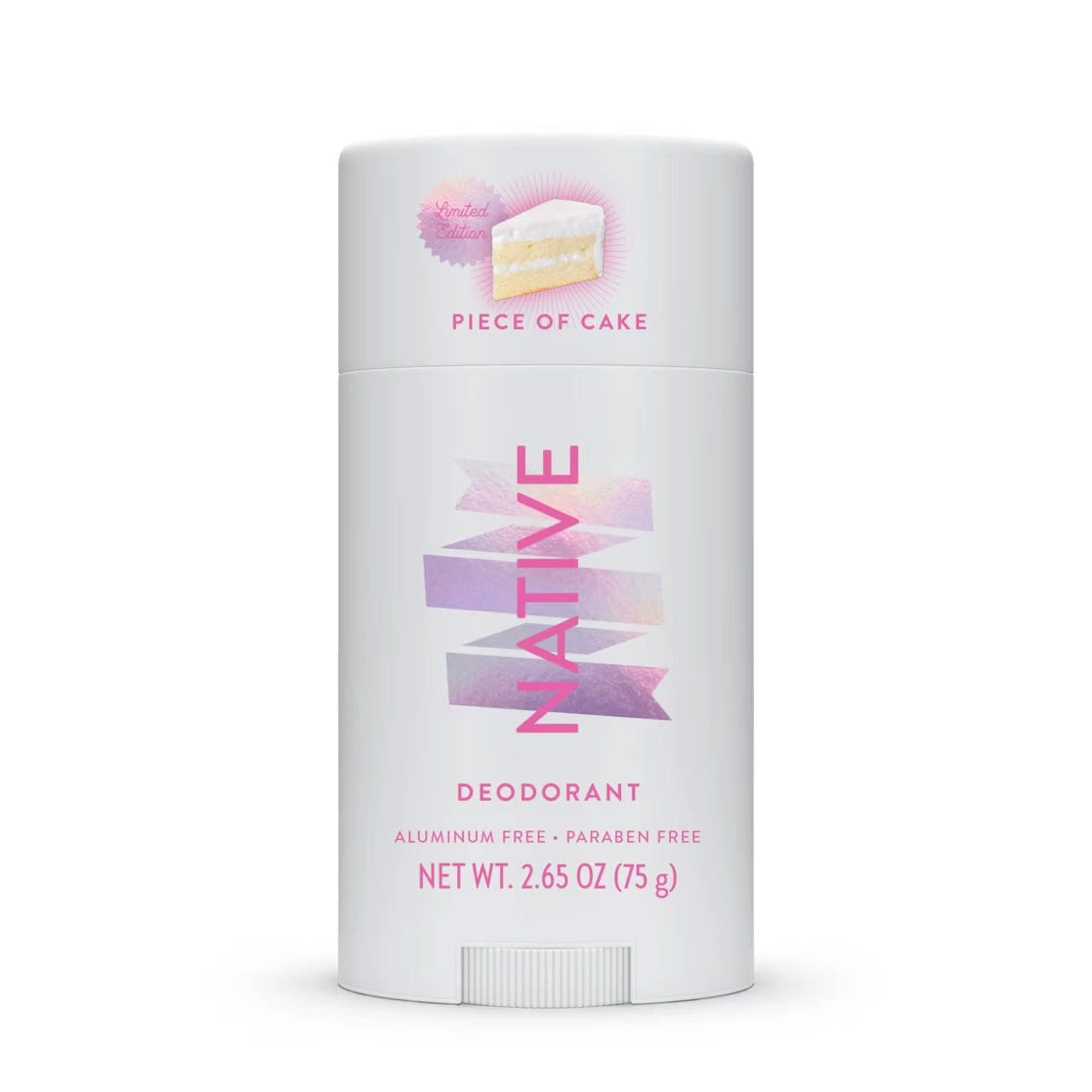Front view of Native Piece of Cake deodorant stick with iridescent ribbon graphics on a white background.