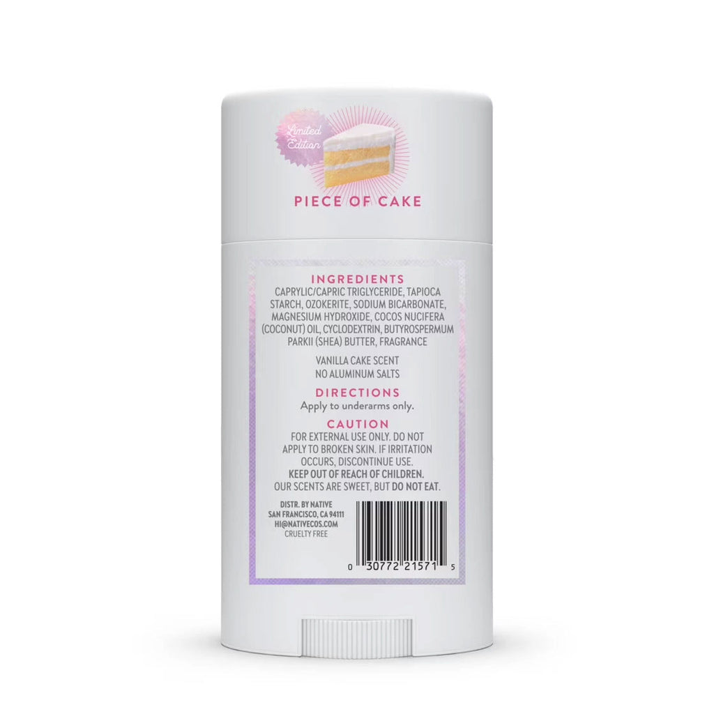 Back of Native Piece of Cake deodorant stick displaying the ingredient list, directions, and barcode.