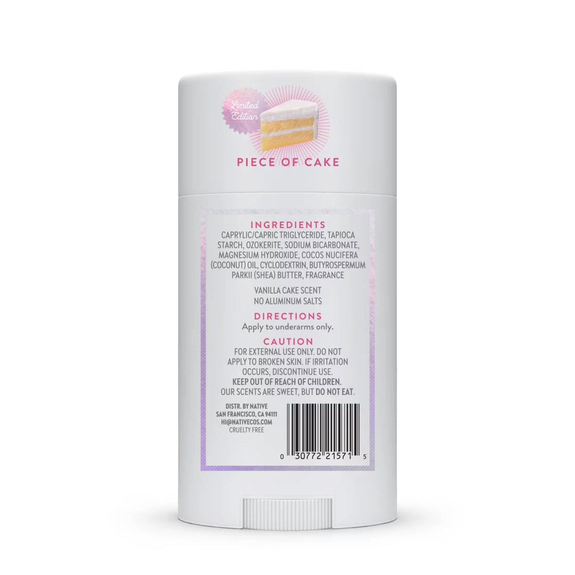 Back of Native Piece of Cake deodorant stick displaying the ingredient list, directions, and barcode.