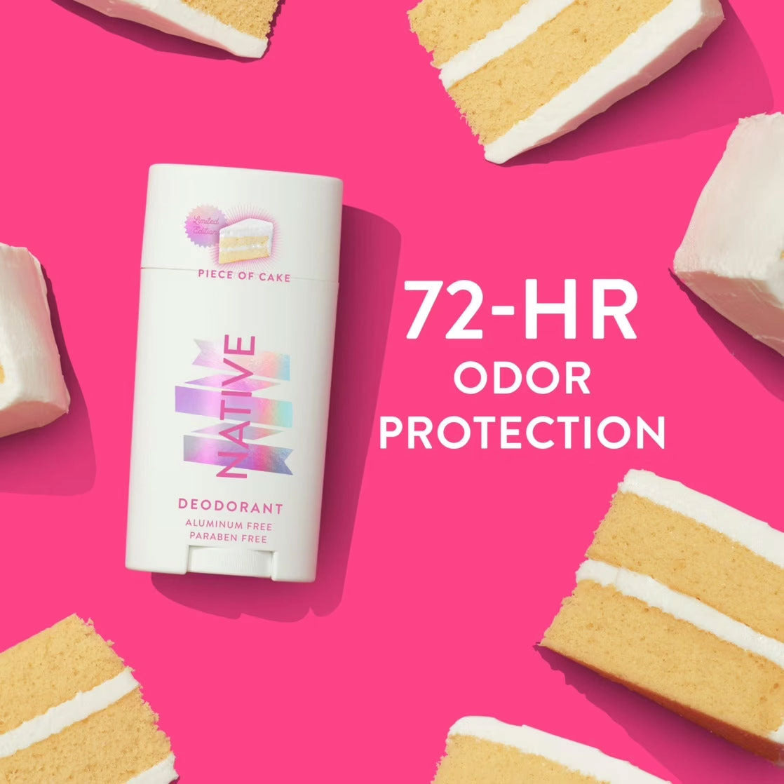 Native Piece of Cake deodorant on a bright pink backdrop surrounded by slices of frosted yellow cake.