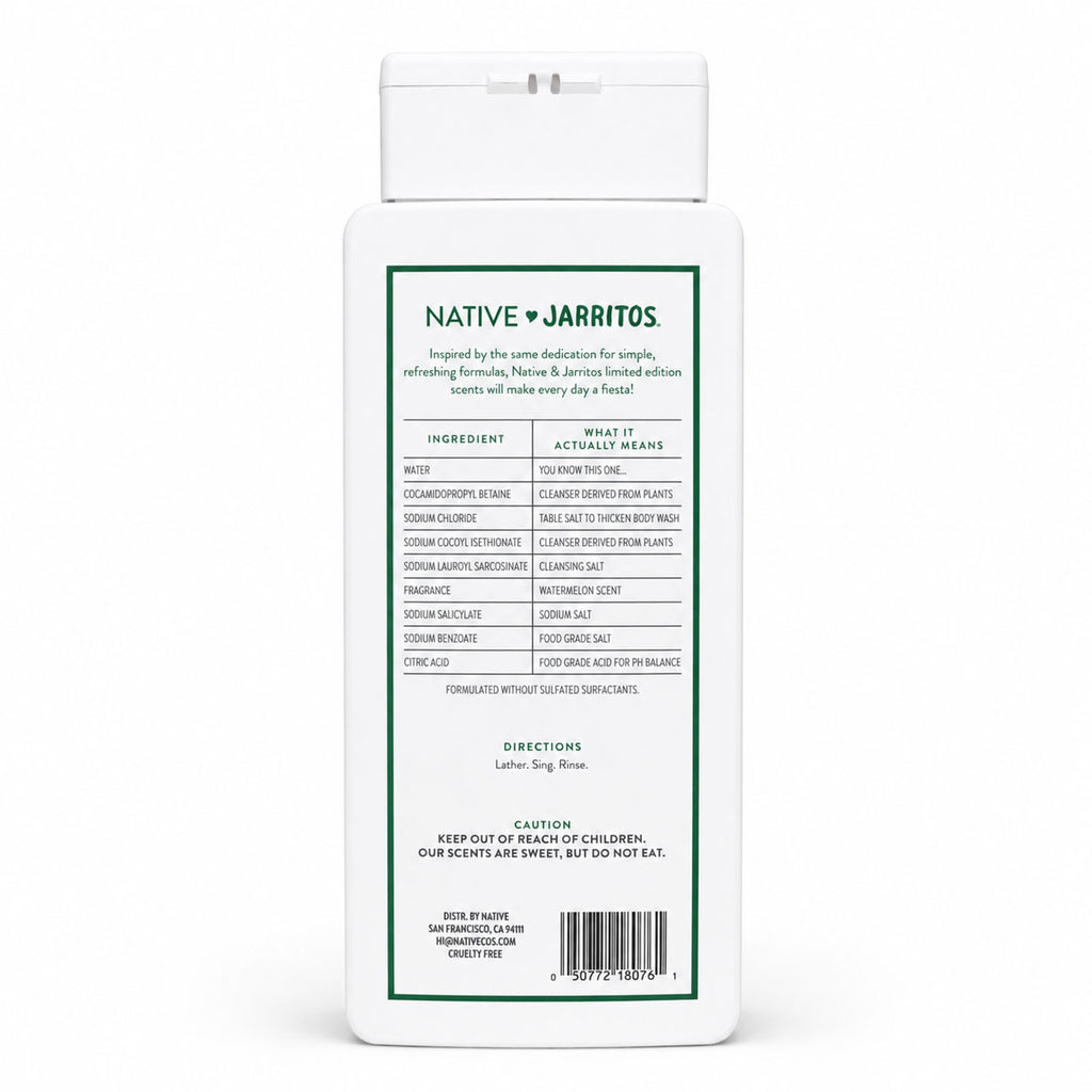 Back label of a white Native and Jarritos body wash bottle detailing ingredients, directions, and a barcode on white.