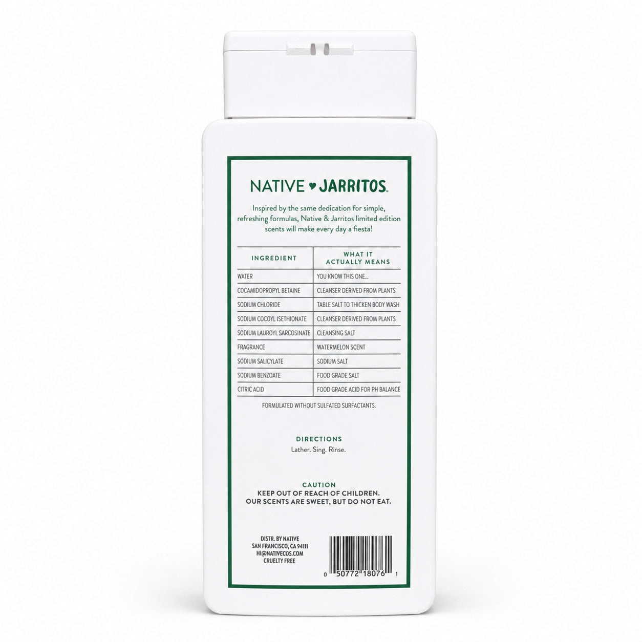 Back label of a white Native and Jarritos body wash bottle detailing ingredients, directions, and a barcode on white.