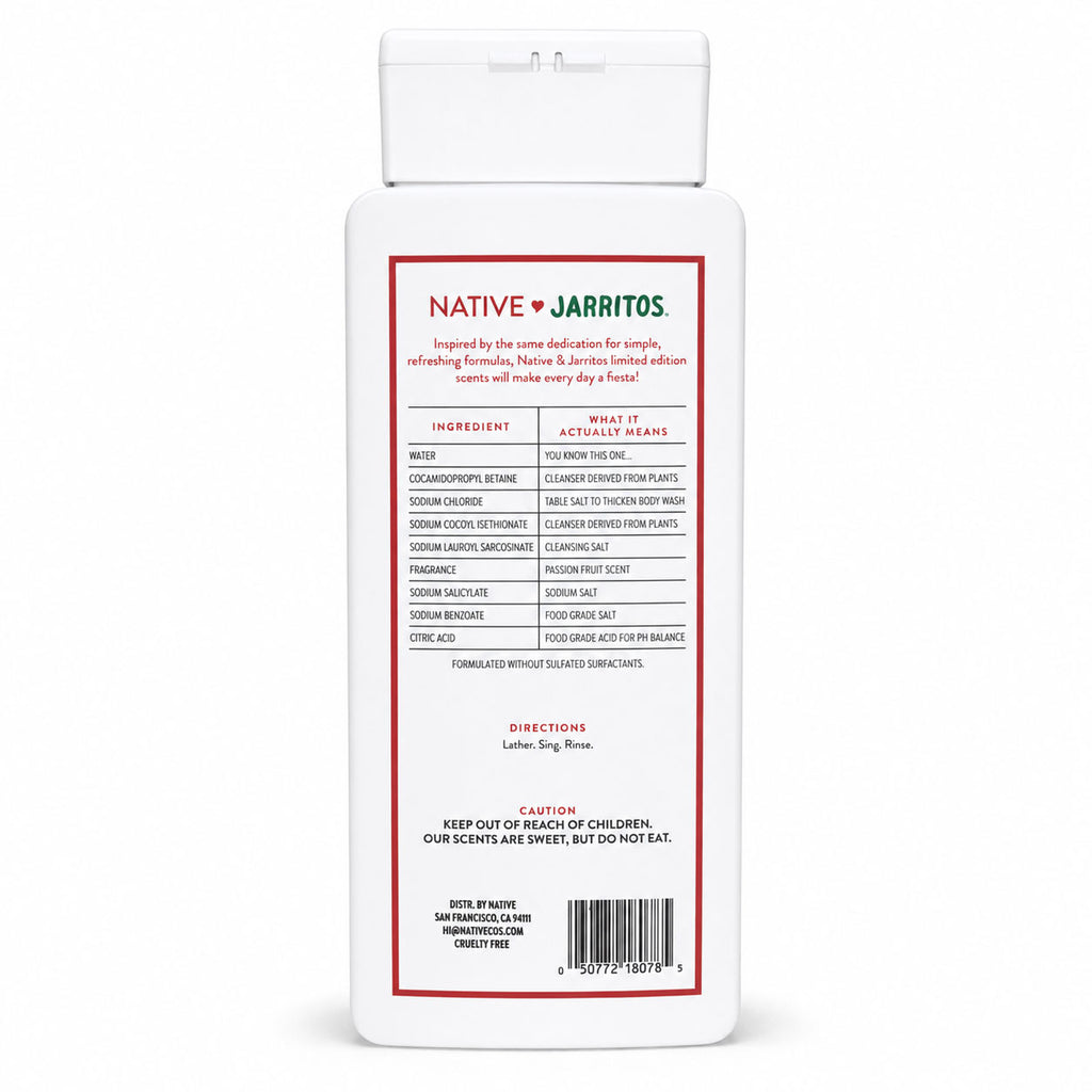 Back of a white Native and Jarritos body wash bottle displaying an ingredient table, directions, and barcode.