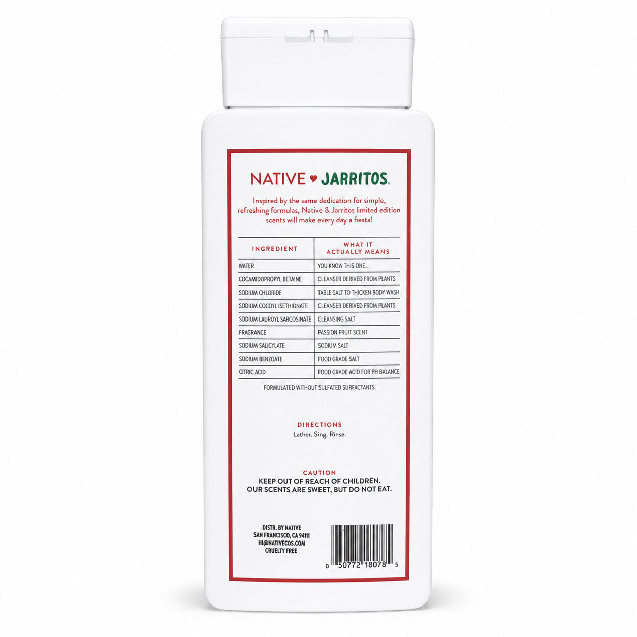 Back of a white Native and Jarritos body wash bottle displaying an ingredient table, directions, and barcode.