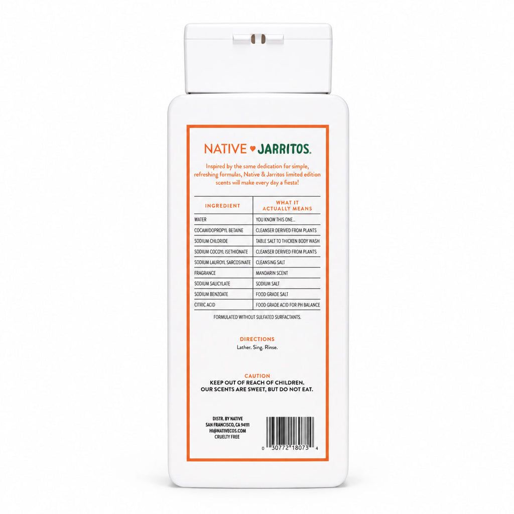 Back of a white Native Jarritos body wash bottle showing the ingredient table, directions, and barcode.