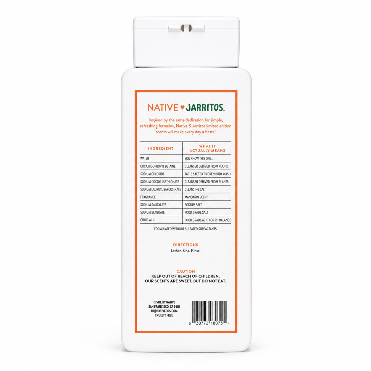 Back of a white Native Jarritos body wash bottle showing the ingredient table, directions, and barcode.