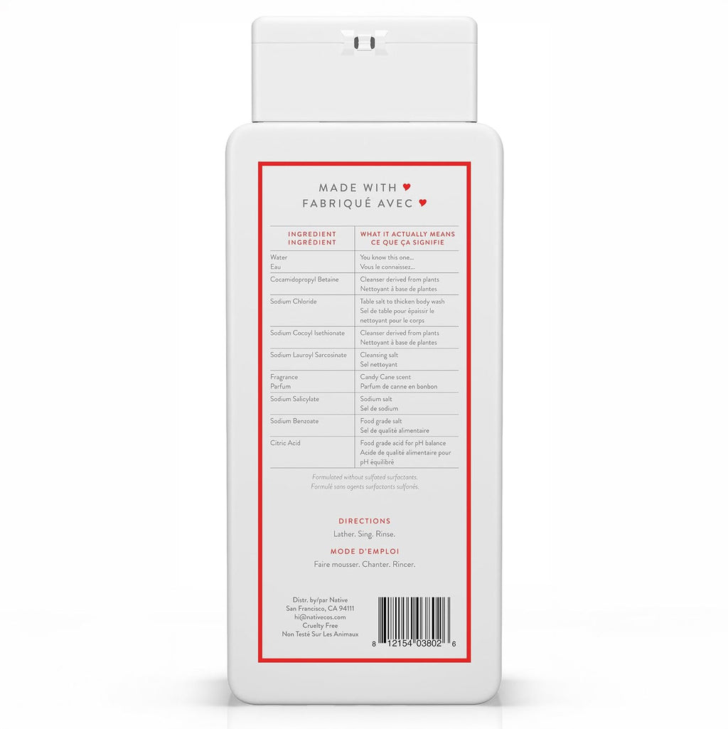 Back of the white Native body wash bottle with a red-bordered ingredient table, directions, and a barcode.