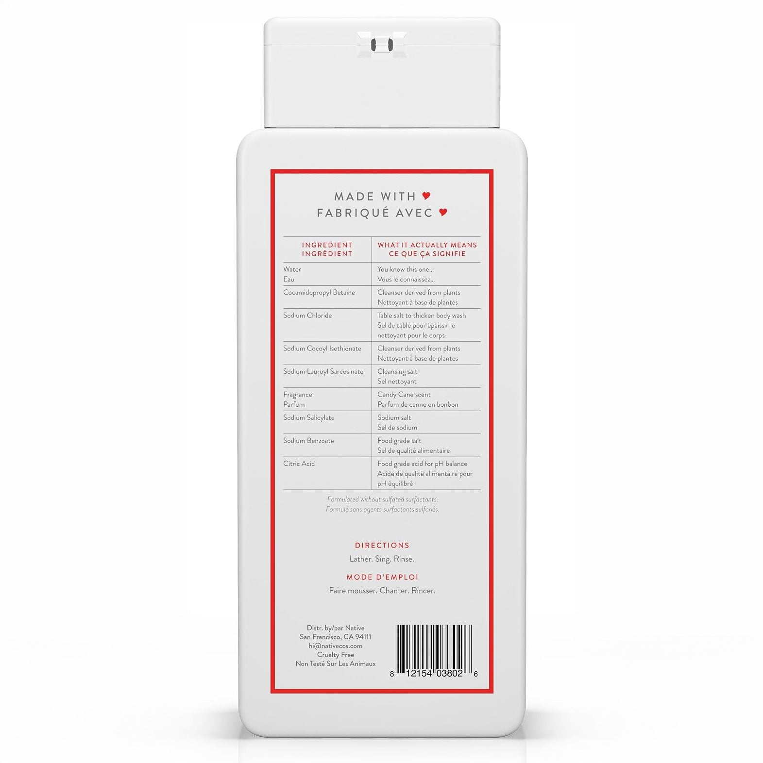 Back of the white Native body wash bottle with a red-bordered ingredient table, directions, and a barcode.
