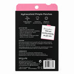 Back of the black SpaLife Hydrocolloid Pimple Patches box with usage instructions, ingredients, and a pink note.