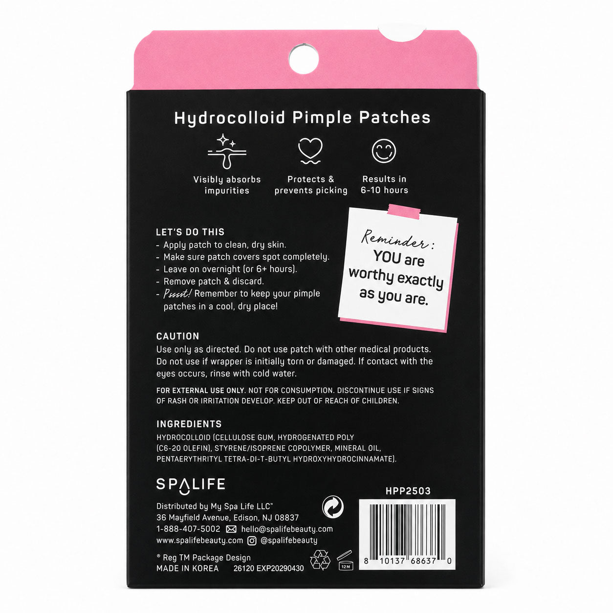 Back of the black SpaLife Hydrocolloid Pimple Patches box with usage instructions, ingredients, and a pink note.