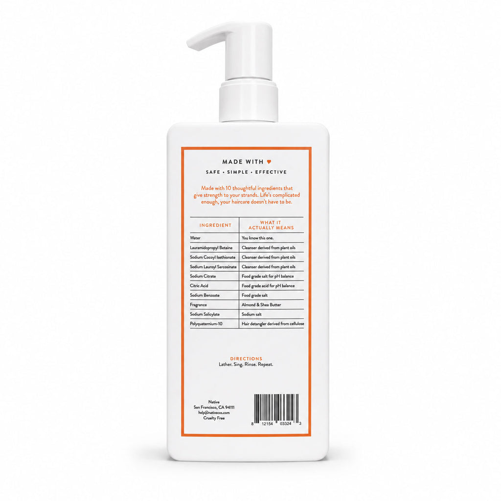 A white pump bottle of native shampoo shown from the back, featuring a white label with orange borders and black text listing ingredients and manufacturer details, on a clean white background.