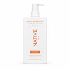 A tall white bottle of Native Hair Strengthening Shampoo with a white pump dispenser, featuring orange text on a clean white background.