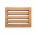 Top-down view of a rectangular bamboo soap dish with four open drainage slats on a plain white background.