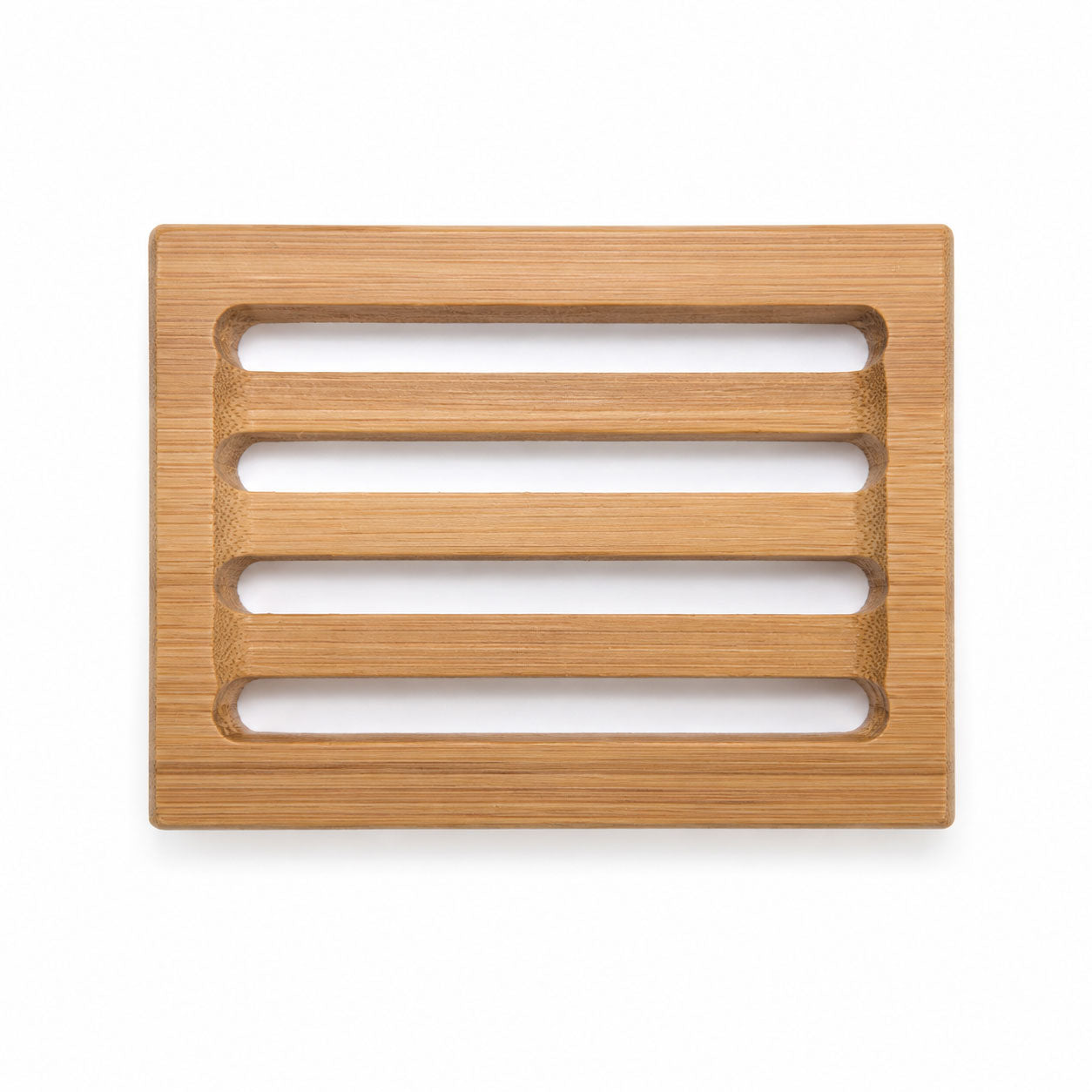 Top-down view of a rectangular bamboo soap dish with four open drainage slats on a plain white background.