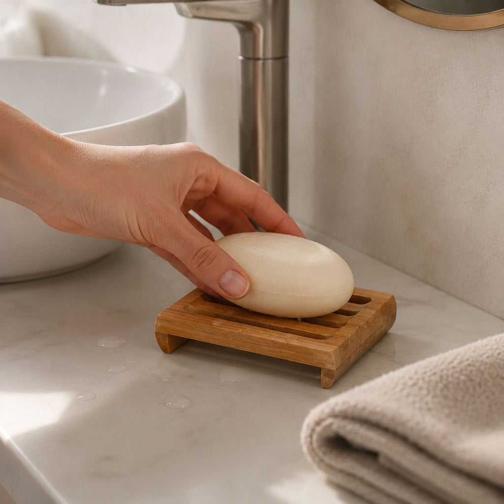 Hand placing an oval white soap bar onto the bamboo dish beside a white vessel sink and faucet.