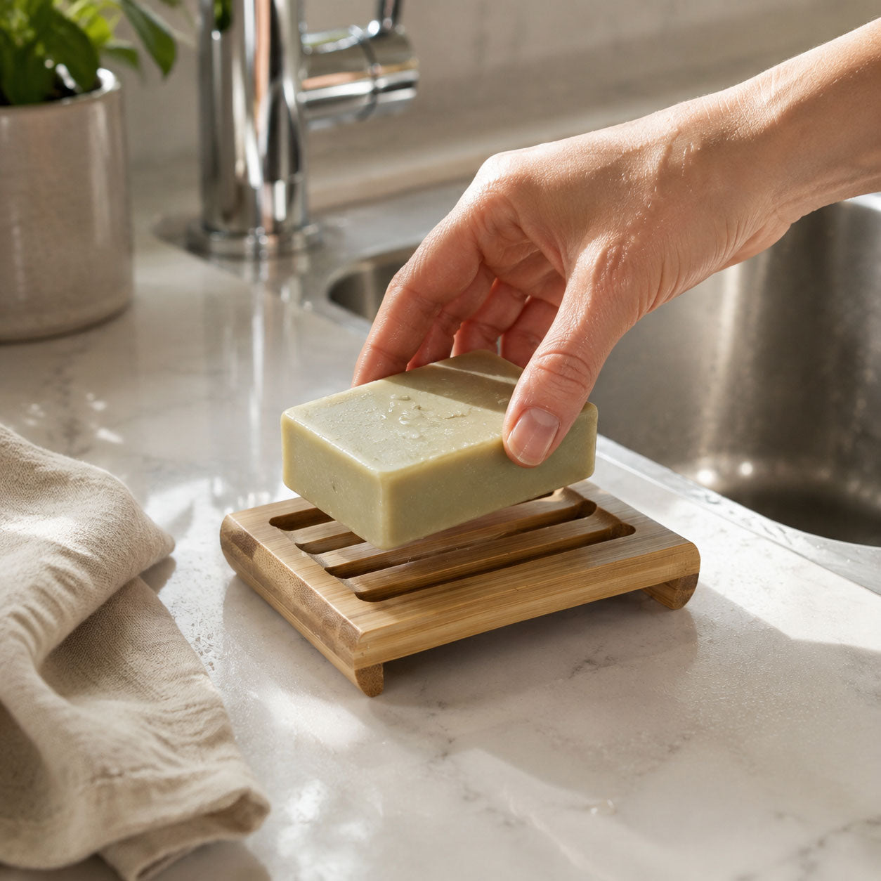 Hand holding a rectangular green soap bar above the bamboo dish beside a stainless steel sink.