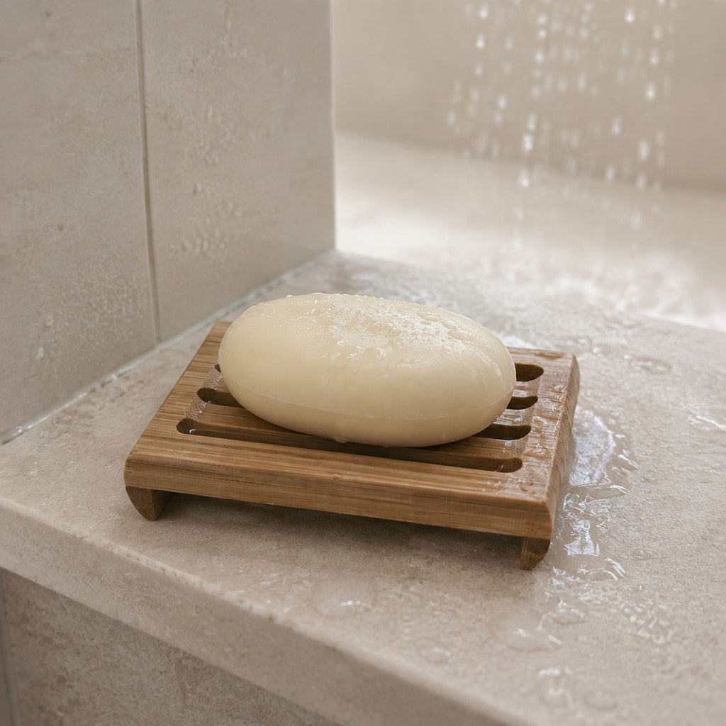 An oval bar of wet soap rests on a slatted bamboo soap dish in a tiled shower setting.