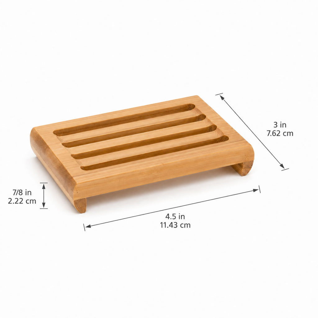 Slatted bamboo soap dish with labeled dimensions: 4.5 inches wide by 3 inches deep by 7/8 inches high.
