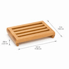 Slatted bamboo soap dish with labeled dimensions: 4.5 inches wide by 3 inches deep by 7/8 inches high.