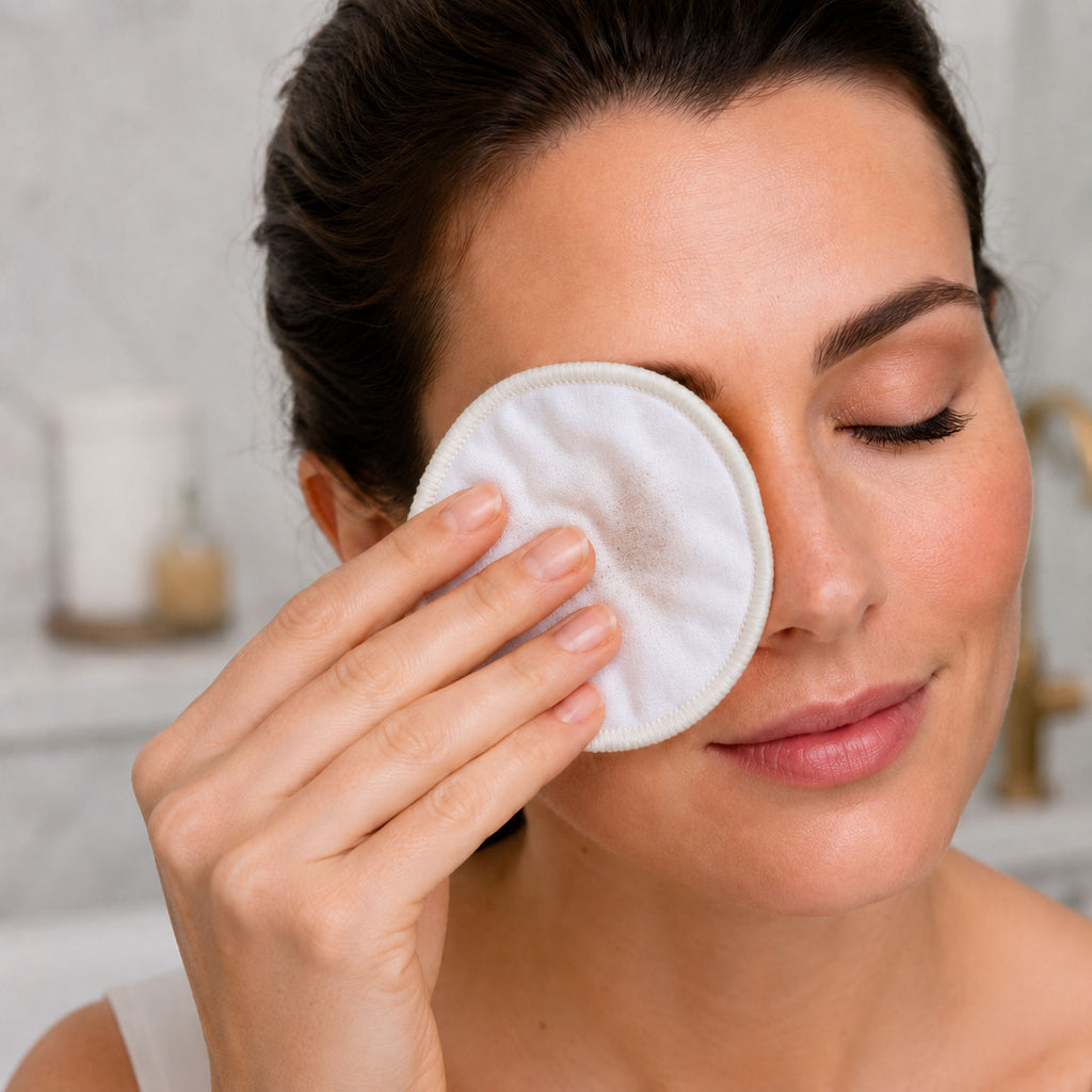 Person wiping eye makeup from a closed eye with a white reusable cotton round in a bathroom.