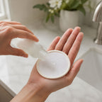 Pouring clear cleanser from a small bottle onto a white reusable cotton pad resting in an open palm.