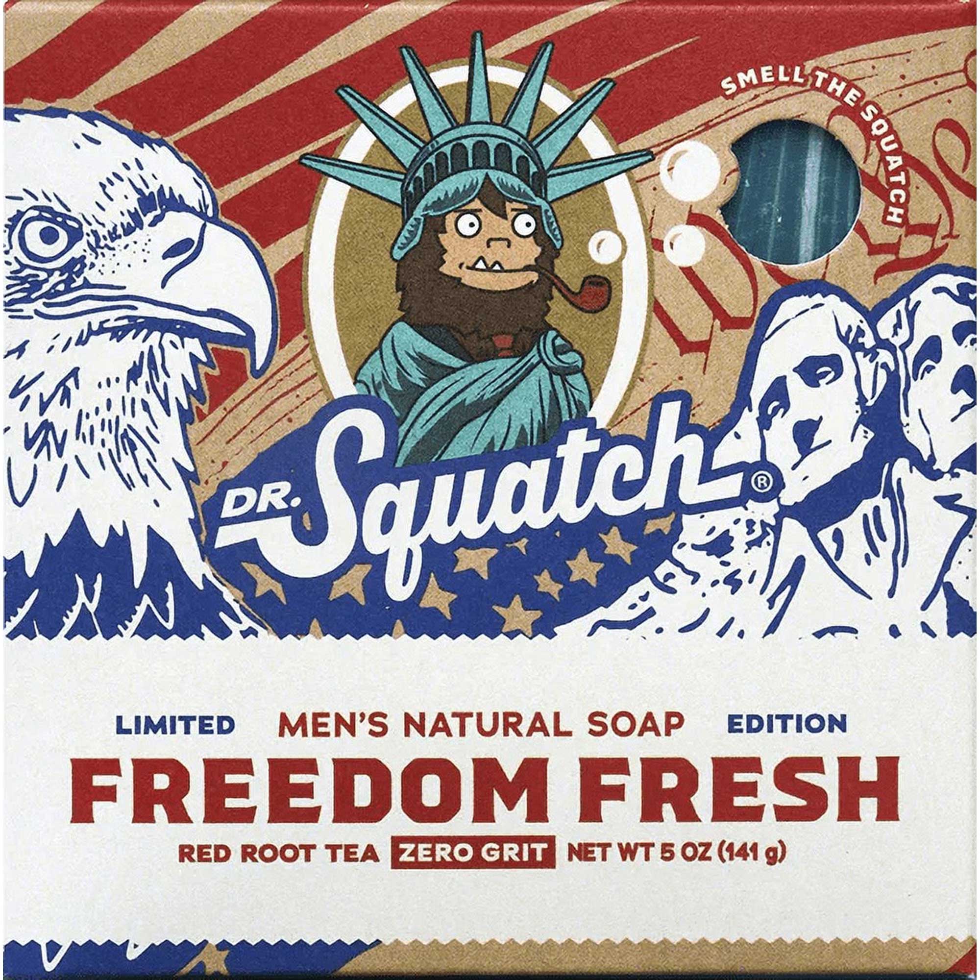 Front packaging of Dr. Squatch Freedom Fresh soap featuring patriotic illustrations and a circular scent hole.