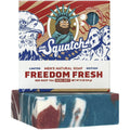 Dr. Squatch Freedom Fresh soap box resting on top of the marbled blue, red, and white soap bar.