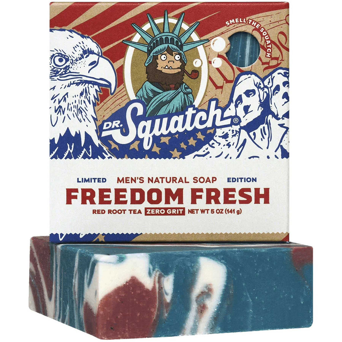Dr. Squatch Freedom Fresh soap box resting on top of the marbled blue, red, and white soap bar.