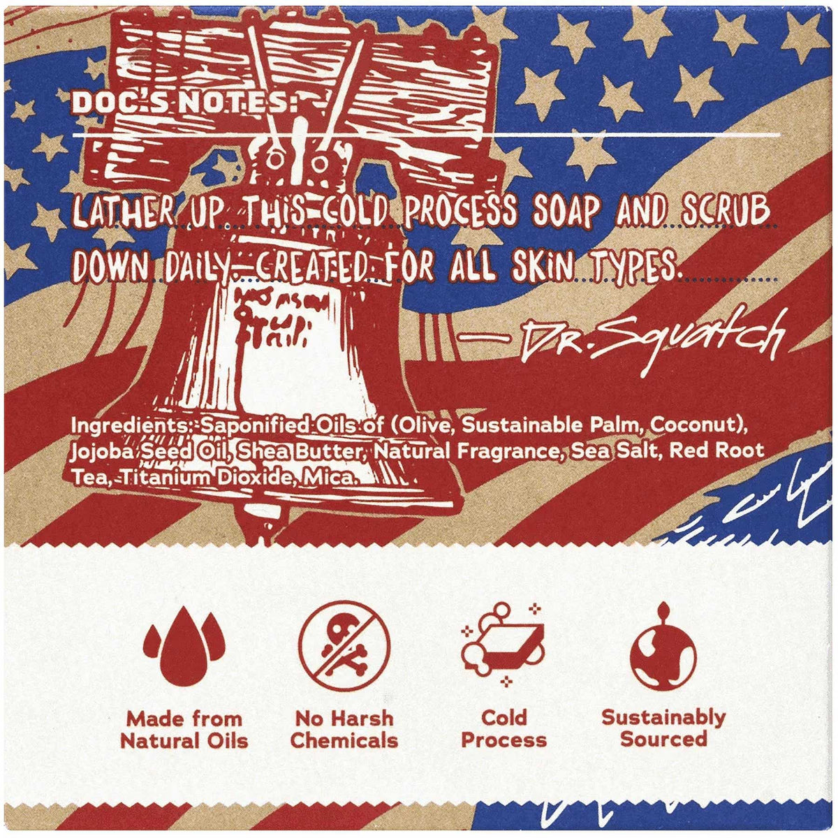 Back of the Dr. Squatch soap box detailing ingredients, feature icons, and a Liberty Bell illustration.