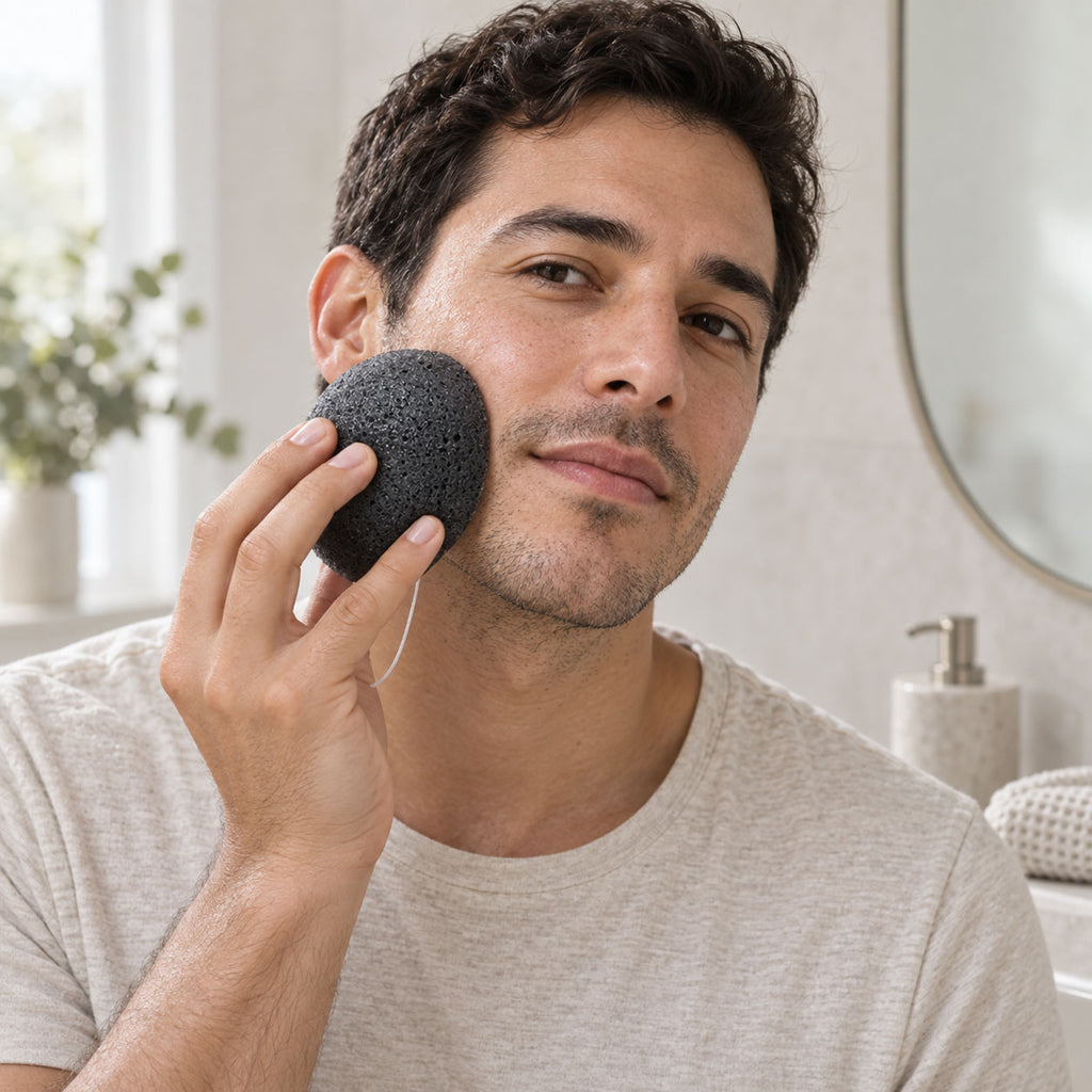 Someone gently washing their cheek with a porous black facial sponge in a bright bathroom.