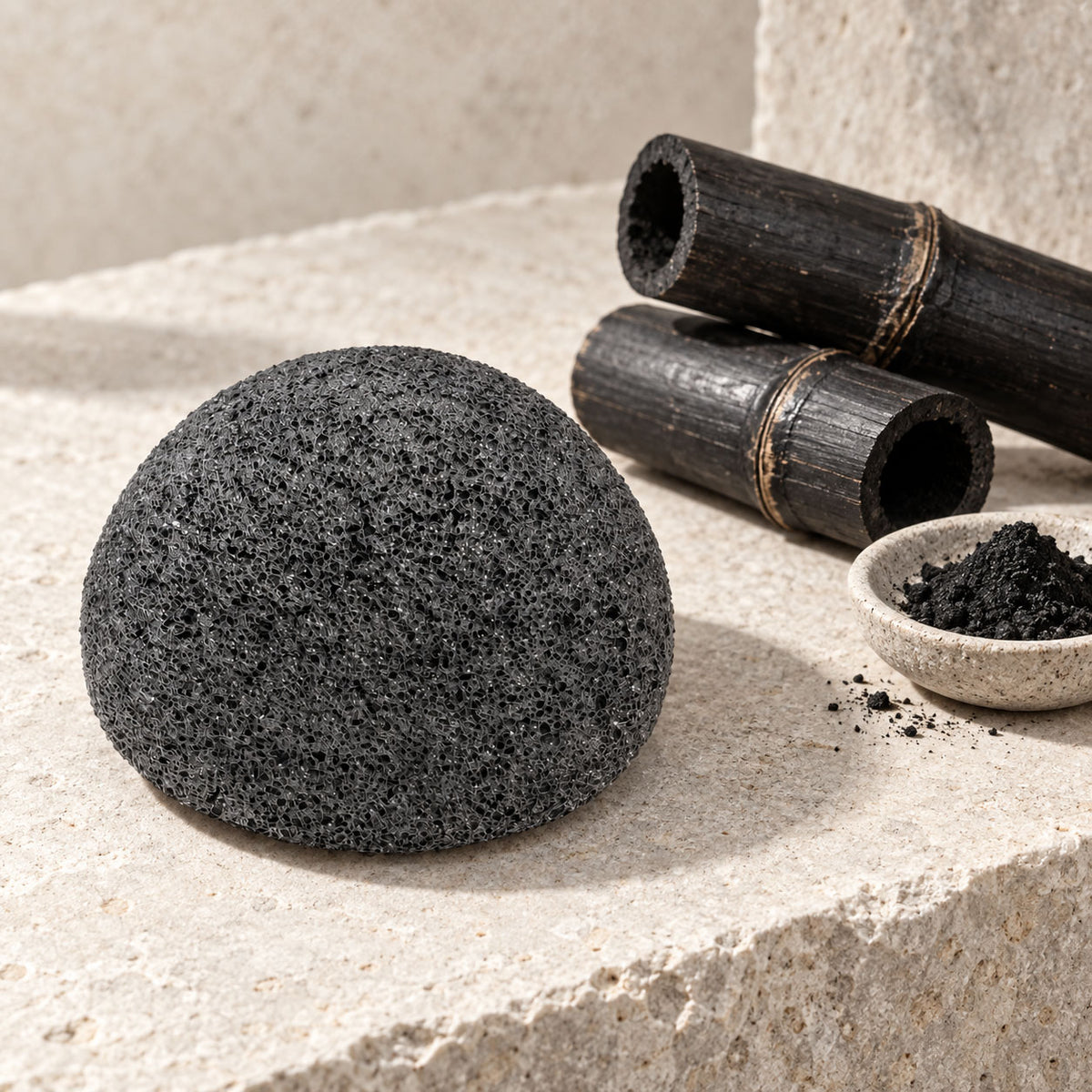 A textured black konjac sponge on stone beside pieces of black bamboo and a small dish of charcoal powder.