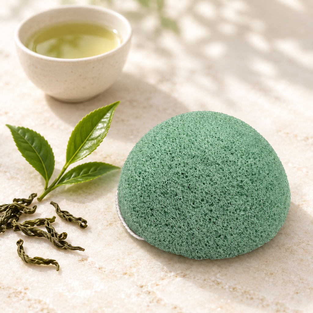 Green dome-shaped konjac sponge on beige stone beside fresh tea leaves and a cup of green tea.