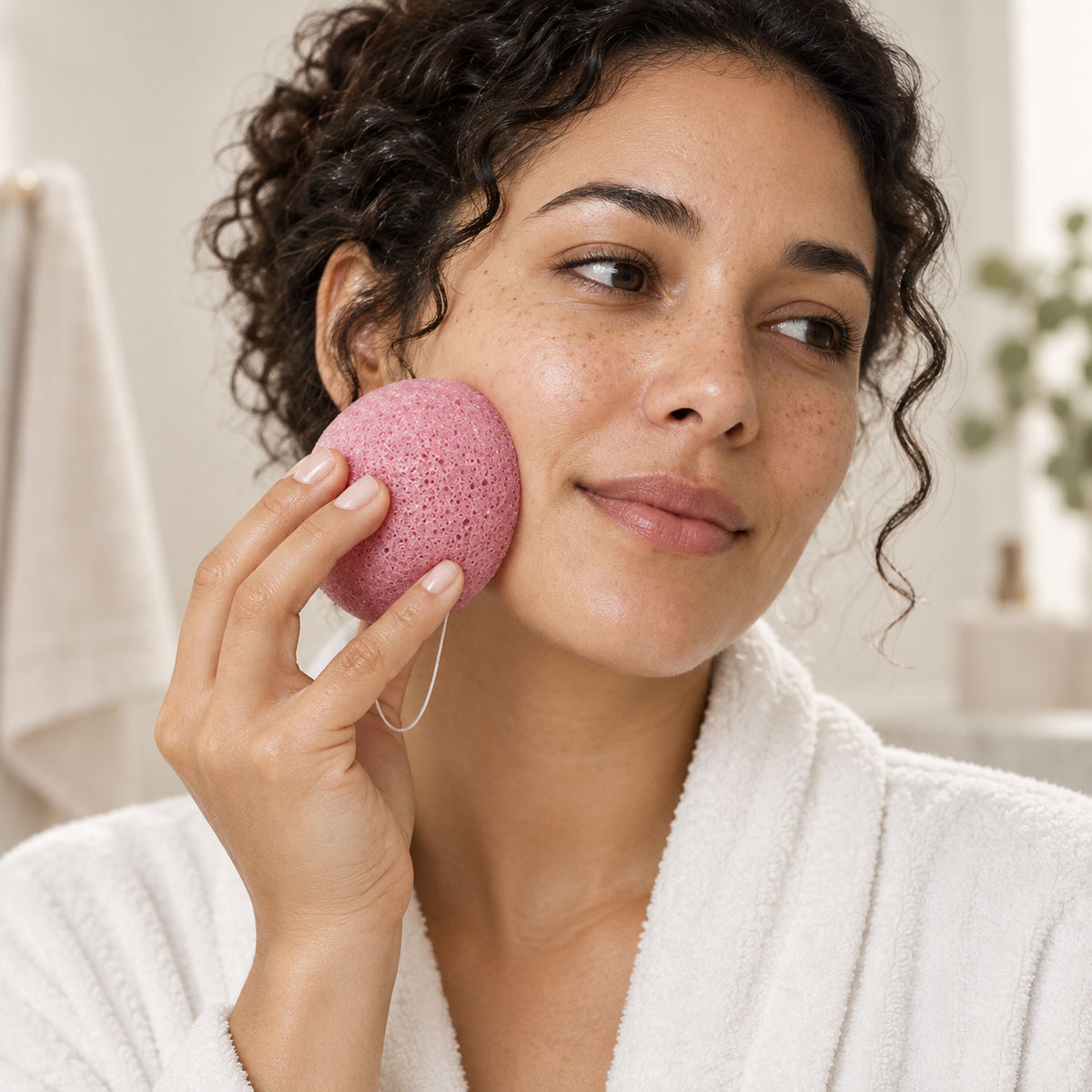 A person in a white bathrobe gently presses a pink konjac facial sponge against their cheek.