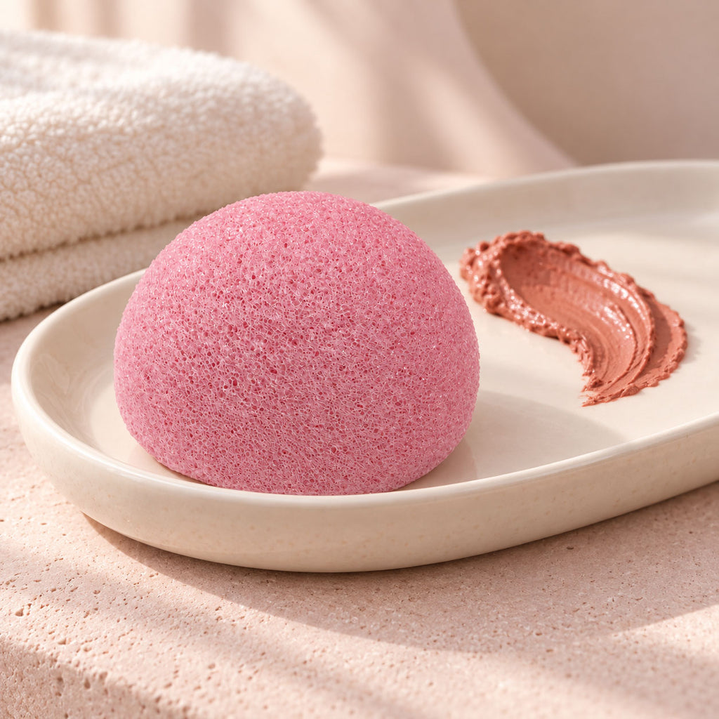 Pink dome konjac sponge on a beige oval dish beside a smear of clay mask and a rolled white towel.