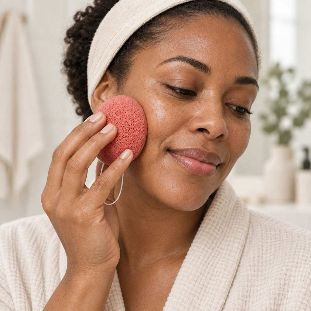 Person wearing a headband and bathrobe cleansing their cheek with a pink konjac sponge.