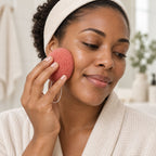 Person wearing a headband and bathrobe cleansing their cheek with a pink konjac sponge.