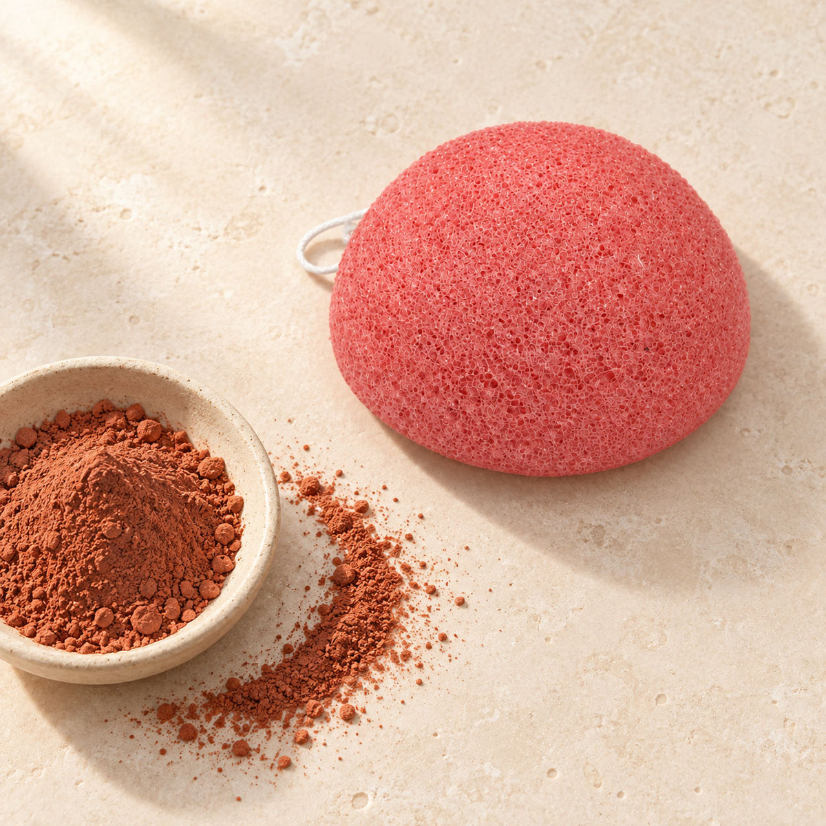 Pinkish-red konjac sponge next to a ceramic bowl of red clay powder on a textured stone surface.